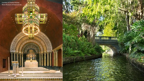 Charles Hosmer Morse Museum artworks and bridge over a canal